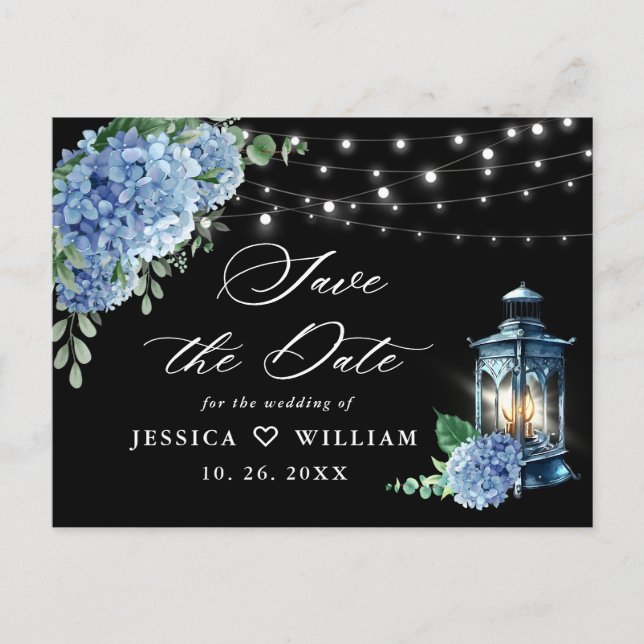 Blue Hydrangea Lantern Black Wedding Save the Date Postcard (Front)