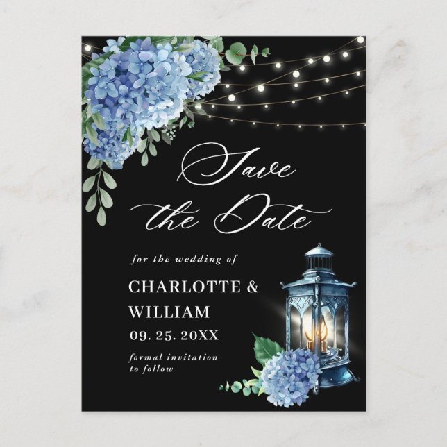 Blue Hydrangea Lantern Black Wedding Save the Date Postcard (Front)