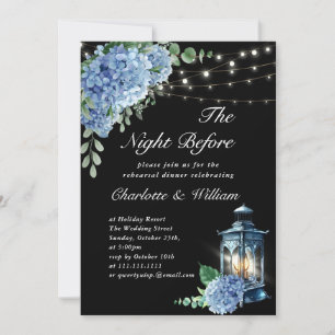 Blue Hydrangea Lantern Boho Black Rehearsal Dinner Invitation