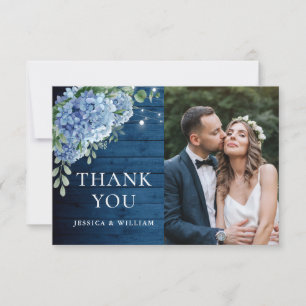 Blue Hydrangea Lantern Navy Wood Photo Wedding Thank You Card