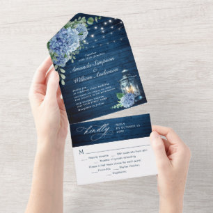 Blue Hydrangea Lantern Navy Wood Wedding All In One Invitation