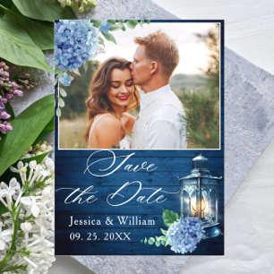 Blue hydrangea Lantern PHOTO Wedding Save the Date Postcard