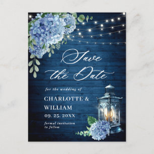 Blue Hydrangea Lantern Wedding Save the Date Postcard