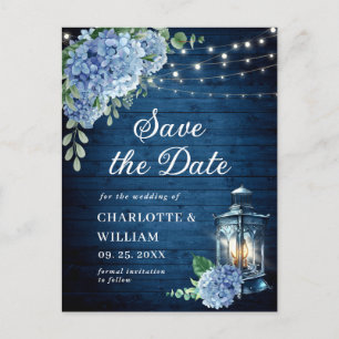 Blue Hydrangea Lantern Wedding Save the Date Postcard