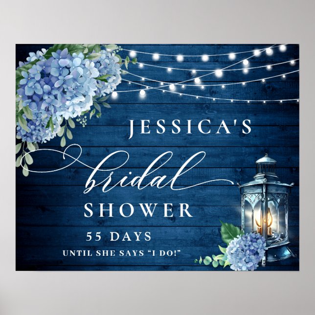 Blue Hydrangea Lantern Wood Boho Bridal Shower Poster (Front)