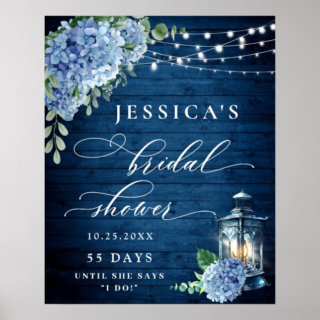 Blue Hydrangea Lantern Wood Boho Bridal Shower Poster (Front)