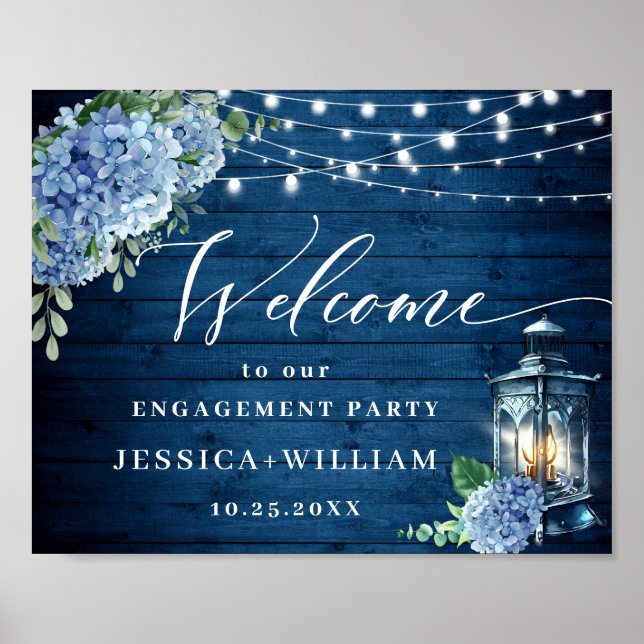 Blue Hydrangea Lantern Wood Boho ENGAGEMENT PARTY Poster (Front)