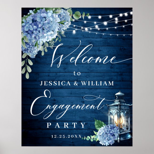 Blue Hydrangea Lantern Wood Boho ENGAGEMENT PARTY Poster (Front)