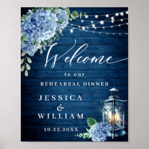 Blue Hydrangea Lantern Wood Boho Rehearsal Dinner Poster