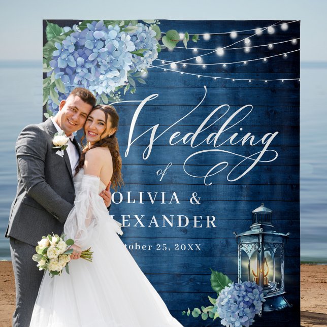 Blue Hydrangea Lantern Wood Photo Wedding Backdrop Tapestry (Creator Uploaded)