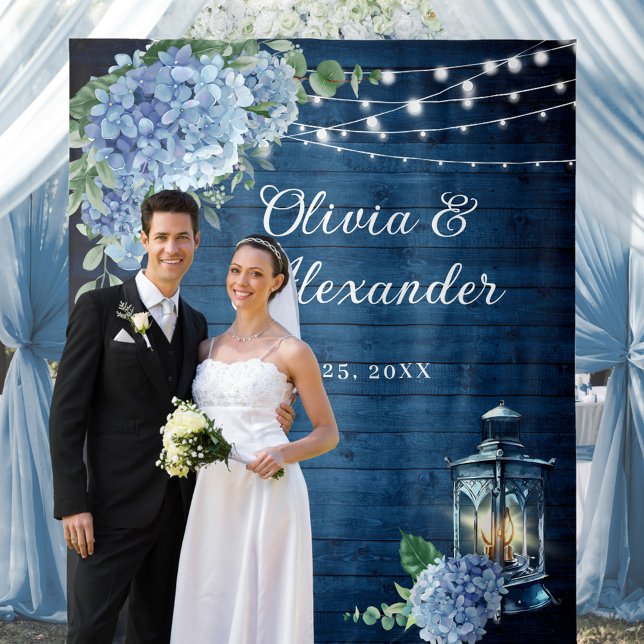 Blue Hydrangea Lantern Wood Photo Wedding Backdrop Tapestry (Creator Uploaded)