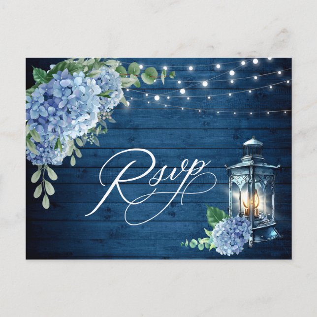 Blue Hydrangea Lantern Wood RSVP Meal Choice Postcard (Front)