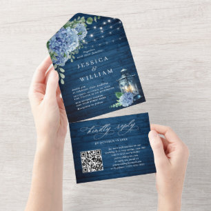 Blue Hydrangea Lantern Wood Wedding QR code All In One Invitation