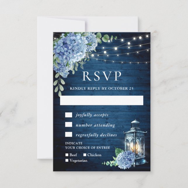 Blue Hydrangea Lantern Wood Wedding Rustic RSVP Card (Front)