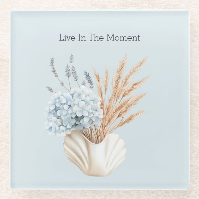 Blue Hydrangea Lavender Flowers in Vase Glass Coaster (Front)