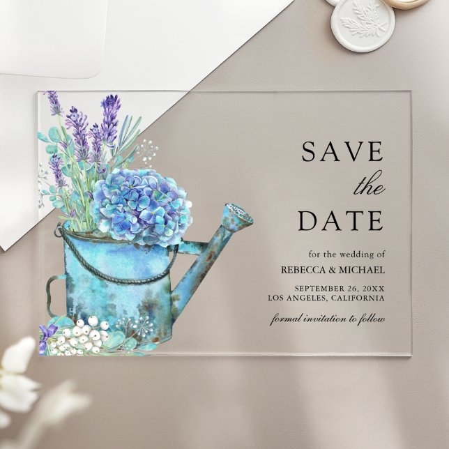 Blue Hydrangea Lavender Wedding Save the Date Acrylic Invitations (Creator Uploaded)
