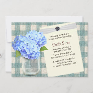 Blue Hydrangea & Mason Jar Plaid Bridal Shower Invitation