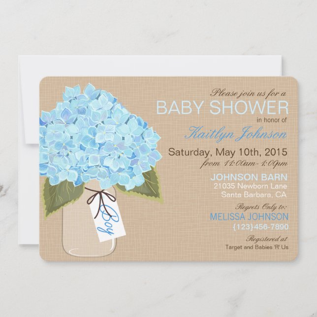 Blue Hydrangea Mason Jar Rustic Baby Shower Invitation (Front)