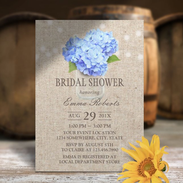 Blue Hydrangea Mason Jar Rustic Bridal Shower Invitation (Creator Uploaded)