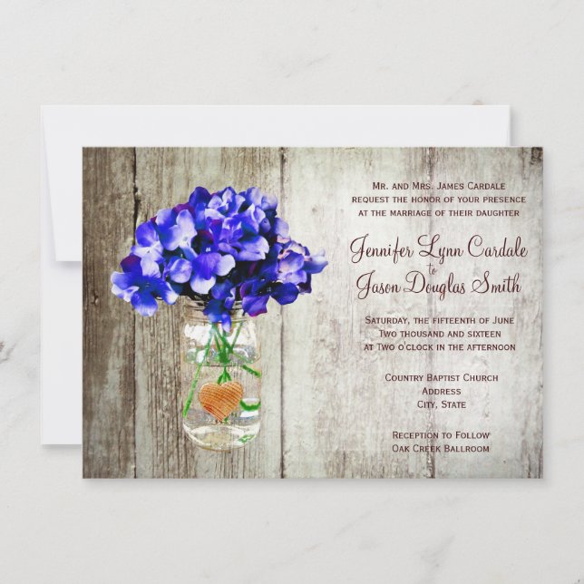 Blue Hydrangea Mason Jar Wedding Invitations (Front)