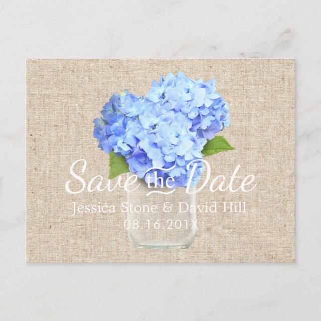 Blue Hydrangea Mason Jar Wedding Save the Date Announcement Postcard (Front)