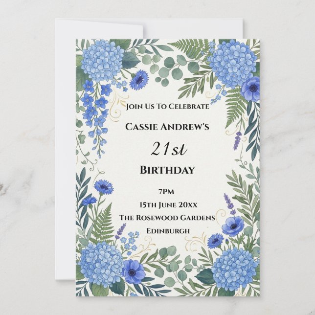 Blue Hydrangea Milestone Birthday Invitation (Front)