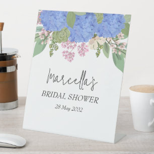 Blue Hydrangea Modern Floral Bridal Shower Napkin Pedestal Sign