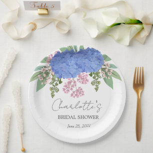 Blue Hydrangea Modern  Floral Bridal Shower Paper Plate