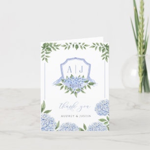 Blue Hydrangea Monogram Crest Bordered Wedding Thank You Card