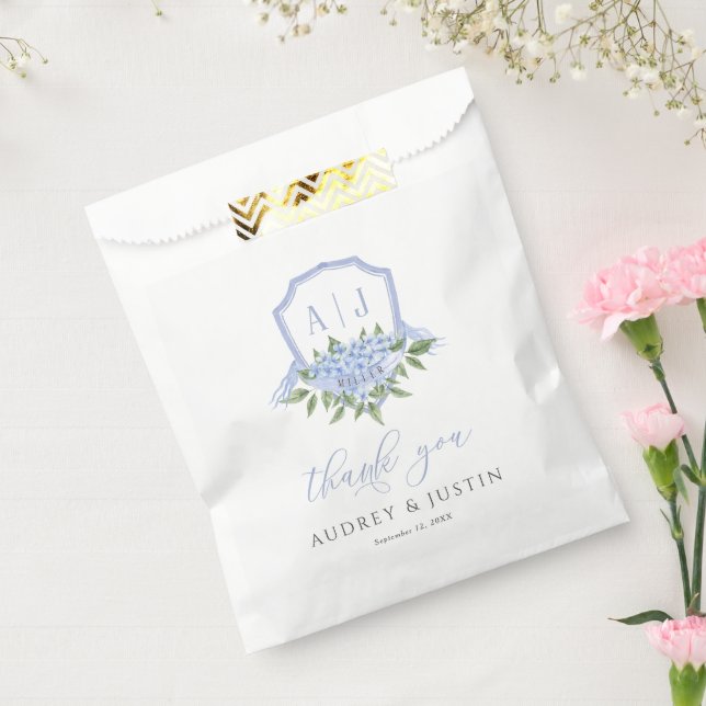 Blue Hydrangea Monogram Crest Customised Wedding Favour Bag (Sealed)