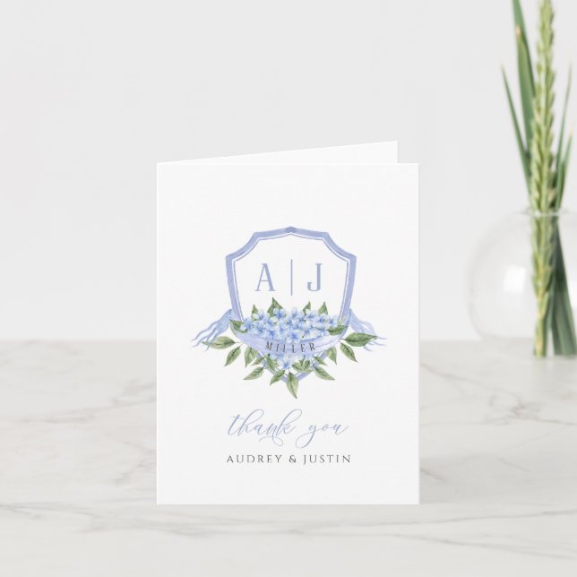 Blue Hydrangea Monogram Crest Customised Wedding Thank You Card (Front)