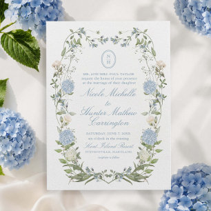 Blue Hydrangea Monogram Crest Wedding Invitation