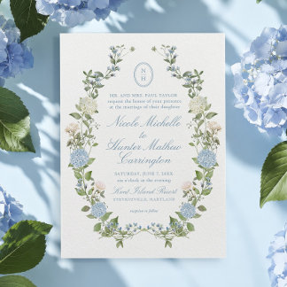 Blue Hydrangea Monogram Crest Wedding Invitation