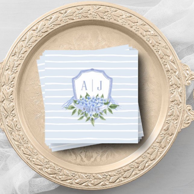 Blue Hydrangea Monogram Crest with Stripes Favour Napkin (Creator Uploaded)