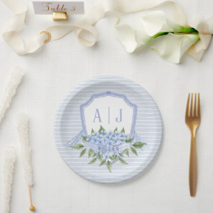 Blue Hydrangea Monogram Crest with Stripes Paper Plate