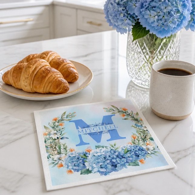 Blue Hydrangea Monogram Paper Napkin (Creator Uploaded)