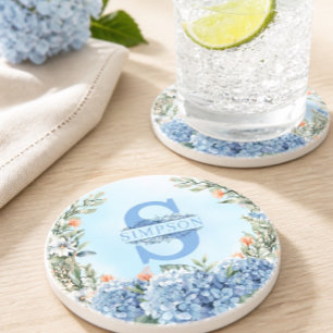 Blue Hydrangea Monogram Round Coaster
