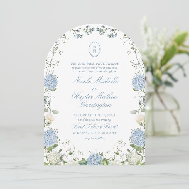 Blue Hydrangea Monogram Wedding Arch Invitation (Standing Front)