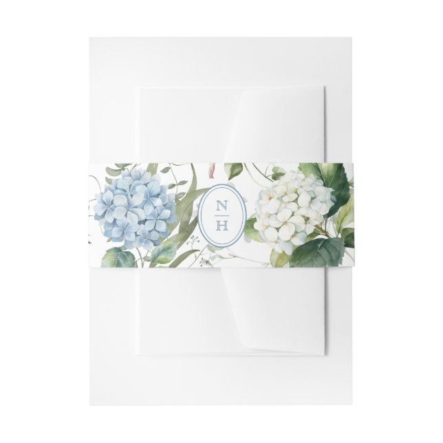 Blue Hydrangea Monogram Wedding Invitation Belly Band (Front Example)