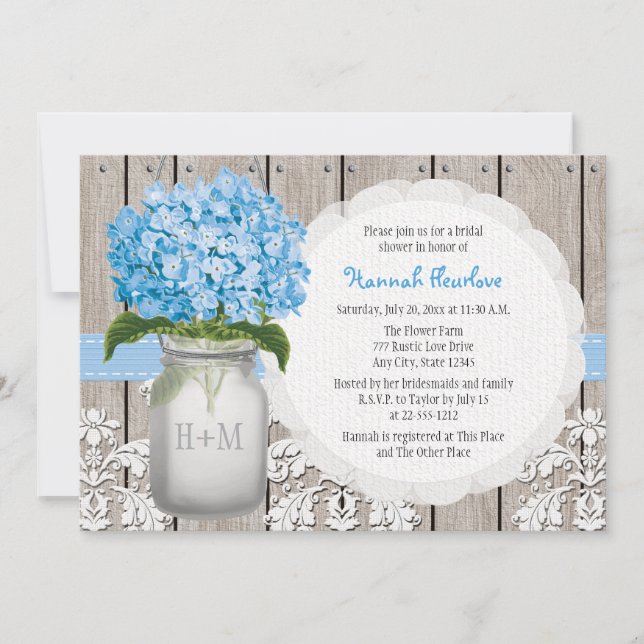Blue Hydrangea Monogrammed Mason Jar Bridal Shower Invitation (Front)