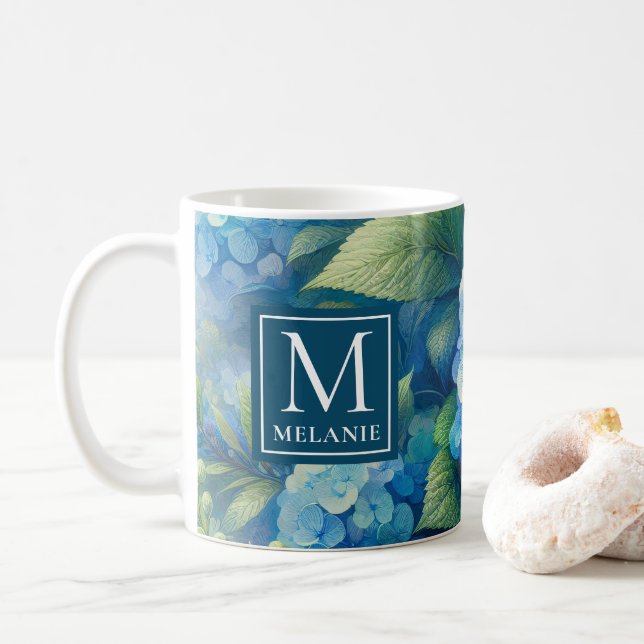 Blue Hydrangea Mug with Custom Monogram (With Donut)