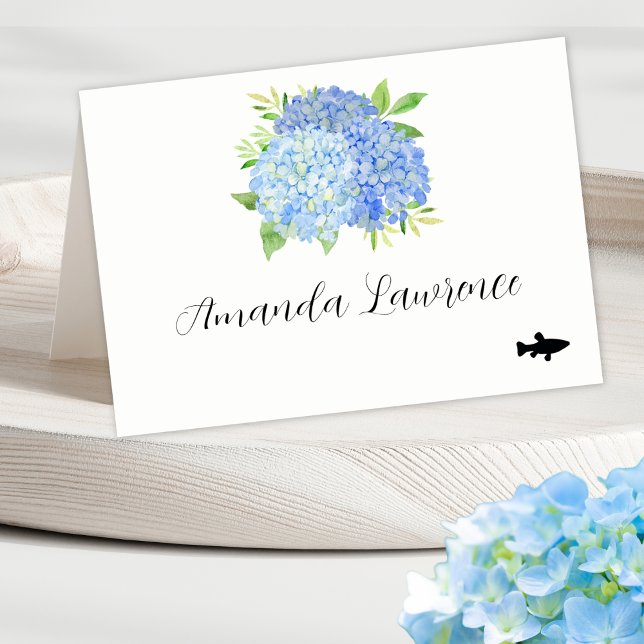 Blue Hydrangea Name Seafood Meal Option Place Card (Creator Uploaded)