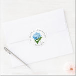 Blue Hydrangea Names and Wedding Date Classic Round Sticker<br><div class="desc">A simple and budget friendly detail for envelopes,  favours,  packaging and more,  these custom text round stickers feature a classic periwinkle blue hydrangea blossom and arched name and wedding date text.</div>