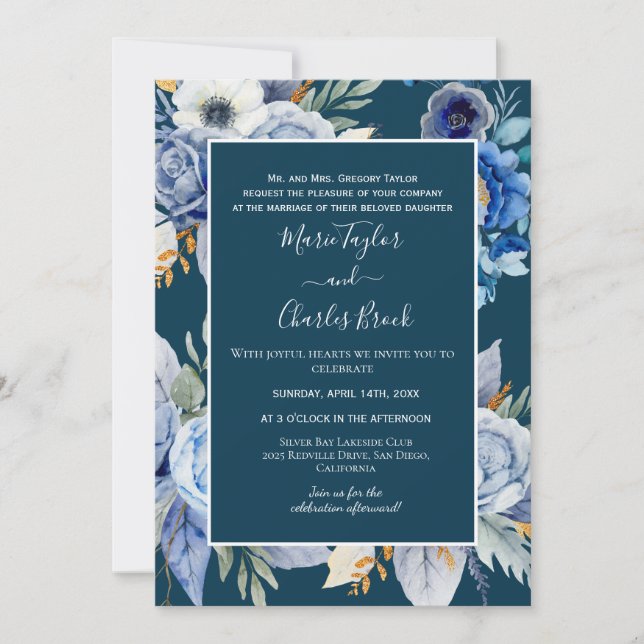 Blue Hydrangea Navy Wedding Invitation (Front)