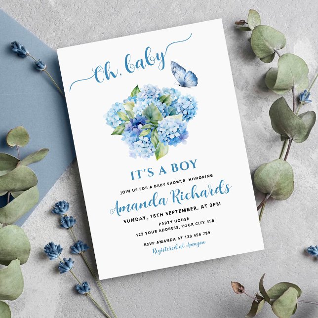 Blue Hydrangea Oh, Baby It's a Boy Baby Shower Invitation (Creator Uploaded)