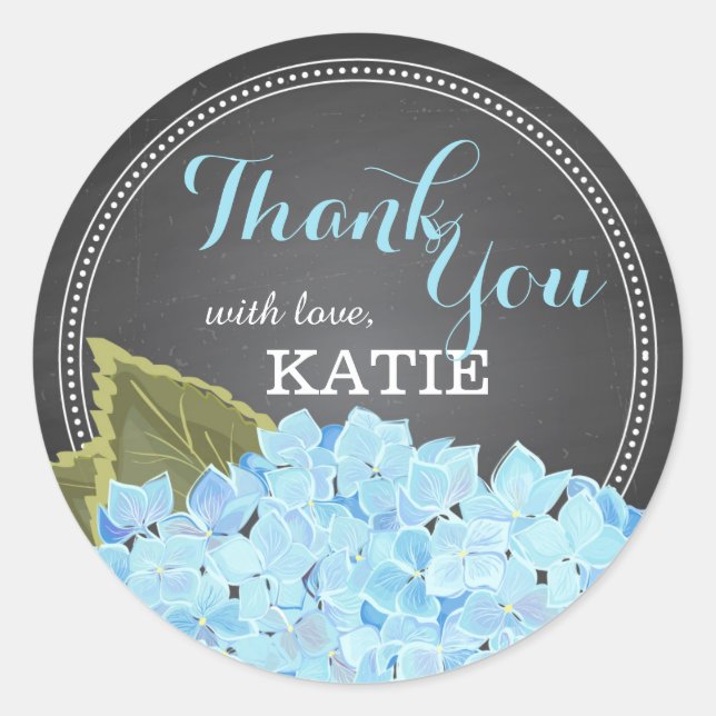 Blue Hydrangea on Chalkboard Thank You Sticker (Front)