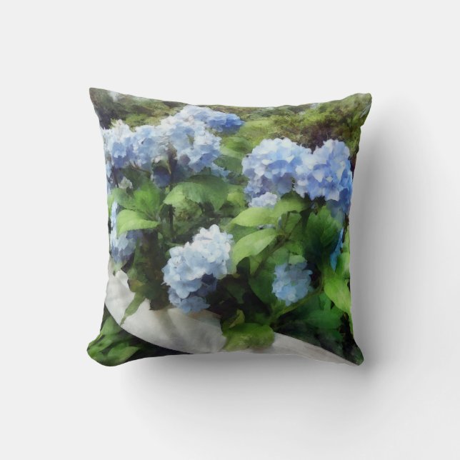 Blue Hydrangea on White Fence Cushion (Front)