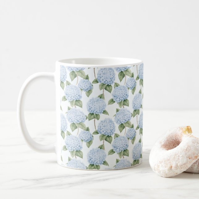 Blue Hydrangea Pattern Watercolor Floral Botanical Coffee Mug (With Donut)