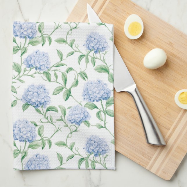 Blue Hydrangea Pattern Watercolor Floral Botanical Tea Towel (Quarter Fold)