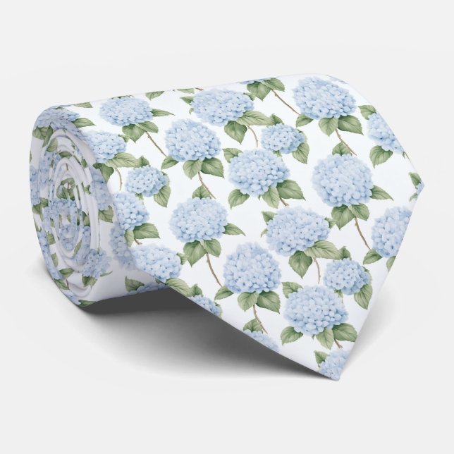 Blue Hydrangea Pattern Watercolor Floral Botanical Tie (Rolled)